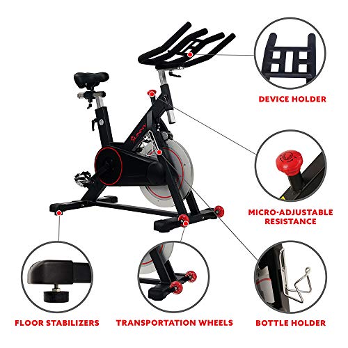Sunny Health & Fitness Magnetic Belt Drive Indoor Cycling Bike with 300 lb User Weight Limit, 44 lb Flywheel, Cage Pedals and Tablet Holder - SF-B1805