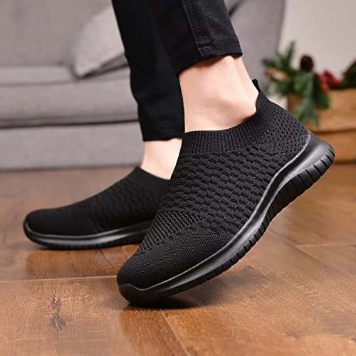 konhill Women's Walking Tennis Shoes - Lightweight Athletic Casual Gym Slip on Sneakers 9 US All Black