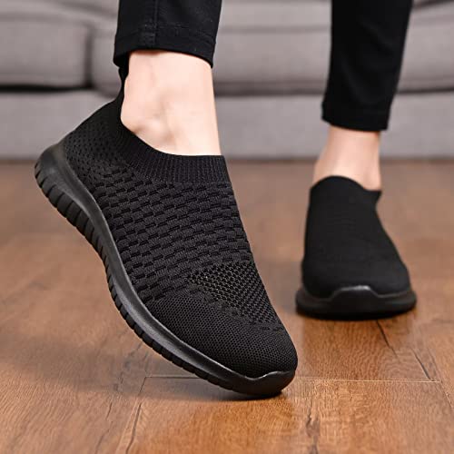 konhill Women's Walking Tennis Shoes - Lightweight Athletic Casual Gym Slip on Sneakers 9 US All Black