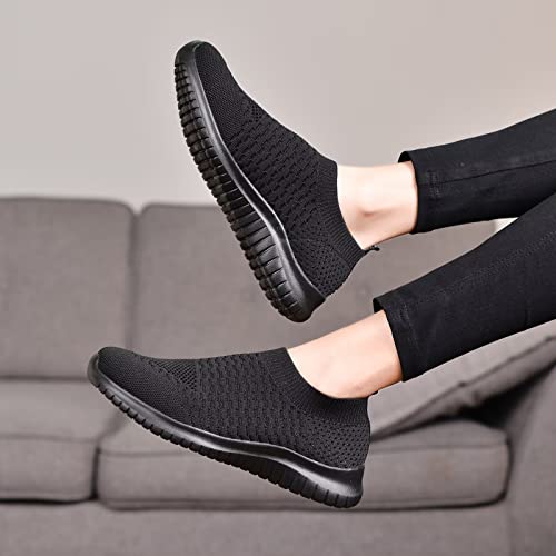 konhill Women's Walking Tennis Shoes - Lightweight Athletic Casual Gym Slip on Sneakers 9 US All Black