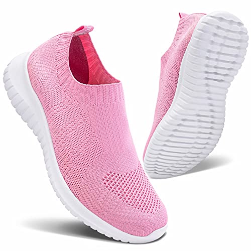 konhill Women's Walking Tennis Shoes - Lightweight Athletic Casual Gym Slip on Sneakers 9 US Pink