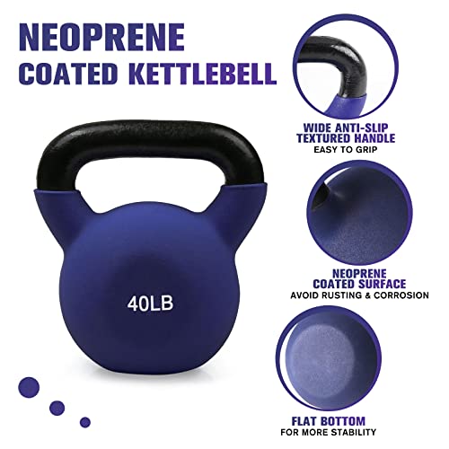 RitFit Neoprene Coated Solid Cast Iron Kettlebell - Great for Full Body Workout, Cross-Training, Weight Loss & Strength Training (5/10/15/20/25/30/35/40/45/50 LB) (40LB(Cyan))