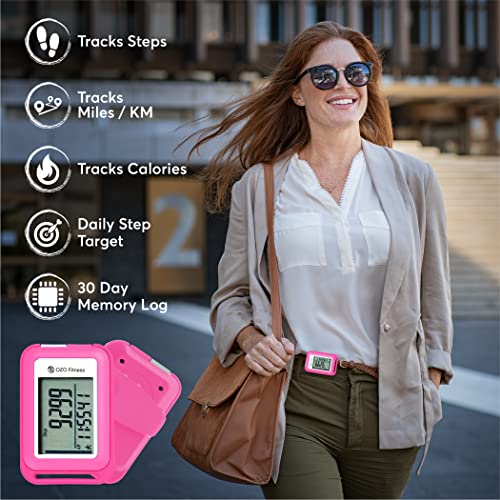 OZO Fitness SC 3D Digital Pedometer for Walking. Track Steps and Miles and Calories. Clip on Step Counter for Men, Women & Kids (Pink)