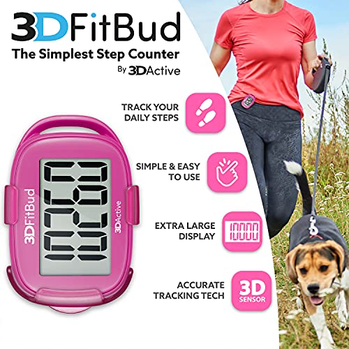3DFitBud Simple Step Counter Walking 3D Pedometer with Clip and Lanyard, A420S (Pink)