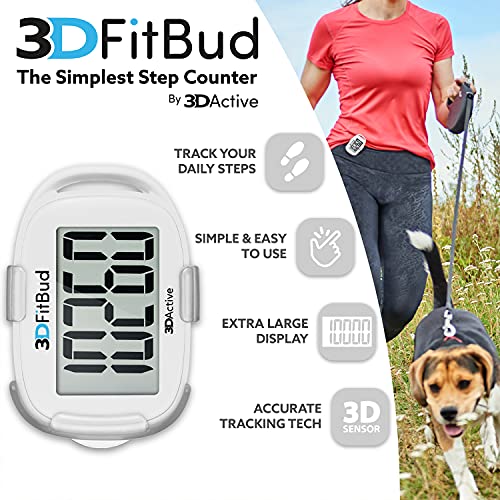 3DFitBud Simple Step Counter Walking 3D Pedometer with Clip and Lanyard, A420S (White)