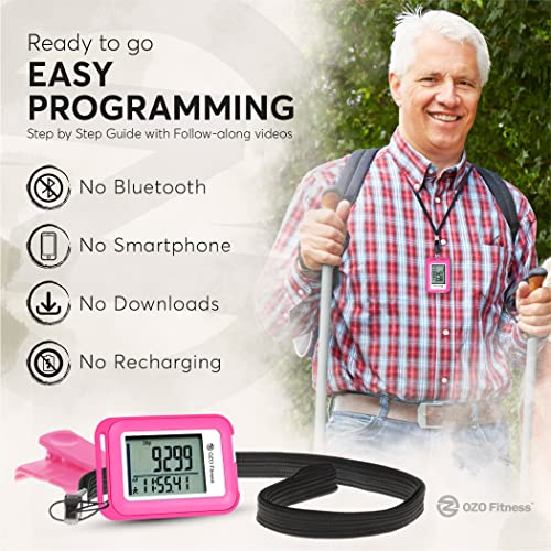 OZO Fitness SC 3D Digital Pedometer for Walking. Track Steps and Miles and Calories. Clip on Step Counter for Men, Women & Kids (Pink)