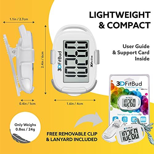 3DFitBud Simple Step Counter Walking 3D Pedometer with Clip and Lanyard, A420S (White)