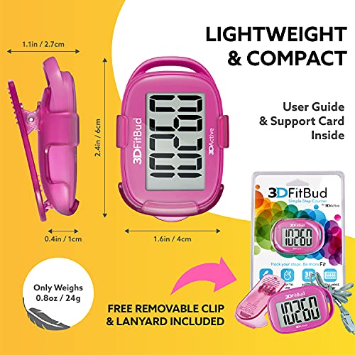 3DFitBud Simple Step Counter Walking 3D Pedometer with Clip and Lanyard, A420S (Pink)