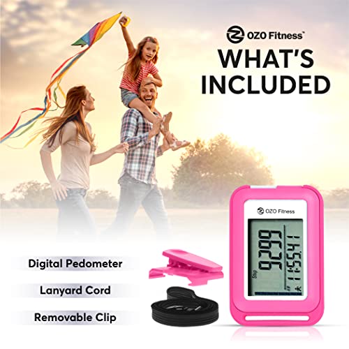 OZO Fitness SC 3D Digital Pedometer for Walking. Track Steps and Miles and Calories. Clip on Step Counter for Men, Women & Kids (Pink)