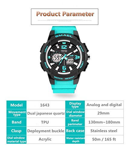 SMAEL Women's Sport Wrist Watch Quartz Dual Movement with Analog-Digital Display Watches for Women (Turquoise)
