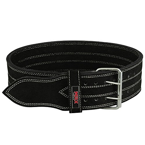 MRX Powerlifting Leather Belt 4" Wide 10mm Thickness Training Fitness Back Support Bodybuilding Belts with Steel 2 Prong Buckle Black (Small)