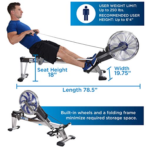 Stamina 35-1405 ATS Air Rower 1405 Rowing Machine, Air Resistance, LCD Fitness Monitor, Folding and Built-in Wheels, Chrome/Blue/Black