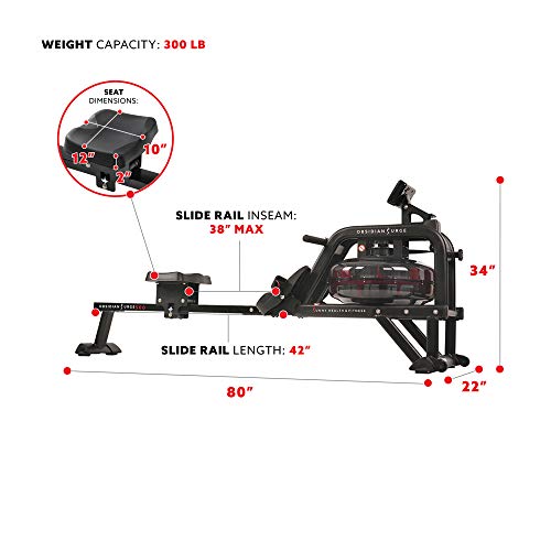Sunny Health & Fitness Water Rowing Machine Rower + LCD Monitor: Time, Time/500M, Distance, Strokes, Total Strokes, Calories Burned and Scan with 250 LB Max Weight - Obsidian SF-RW5713