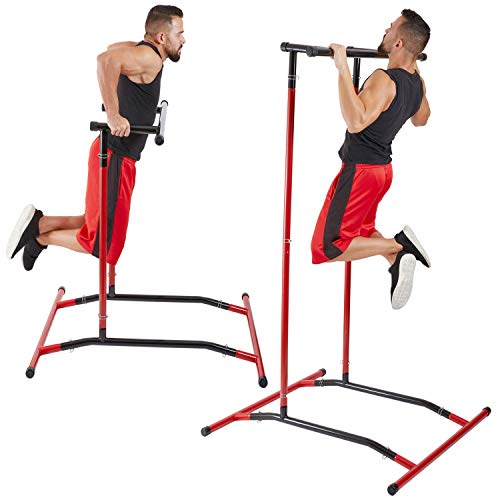 GoBeast Pull Up Bar Free Standing Dip Station - Portable Power Tower Home Gym Equipment With 3 Resistance Bands, Storage Bag And Downloadable Exercise Manual, Red Black