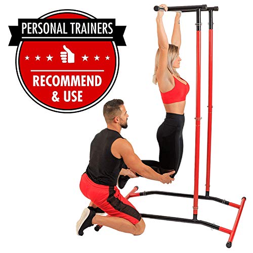 GoBeast Pull Up Bar Free Standing Dip Station - Portable Power Tower Home Gym Equipment With 3 Resistance Bands, Storage Bag And Downloadable Exercise Manual, Red Black