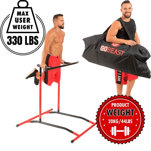 GoBeast Pull Up Bar Free Standing Dip Station - Portable Power Tower Home Gym Equipment With 3 Resistance Bands, Storage Bag And Downloadable Exercise Manual, Red Black