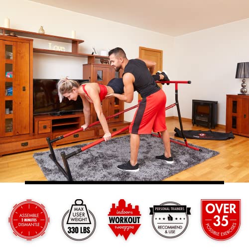 GoBeast Pull Up Bar Free Standing Dip Station - Portable Power Tower Home Gym Equipment With 3 Resistance Bands, Storage Bag And Downloadable Exercise Manual, Red Black