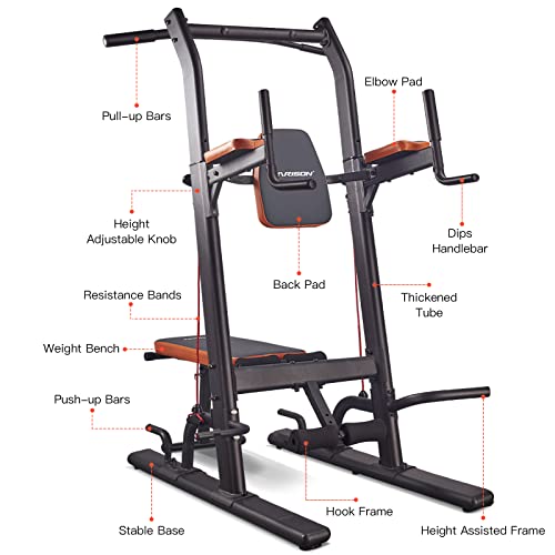 HARISON Power Tower Pull Up Dip Station with Bench Home Gym Exercise Equipment, Dip Stands, Pull Up Bars, Push Up Bars, VKR, Chin Ups for Strength Training Workout
