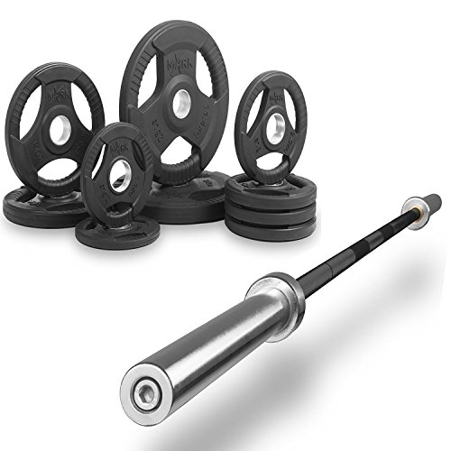 XMark Combo Offer 7 ft. Olympic Exercise Barbell XM-3817-BLACK with 95 lb Set of Premium Quality Rubber Coated Tri-Grip Olympic Weights Set XM-3377-BAL-95