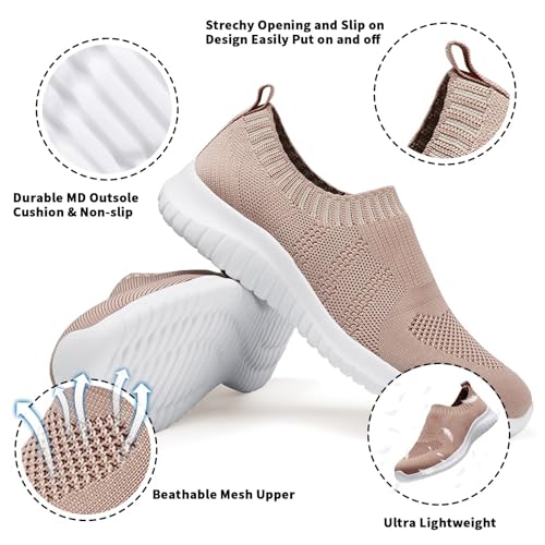 konhill Women's Walking Tennis Shoes - Lightweight Athletic Casual Gym Slip on Sneakers 6 US Apricot