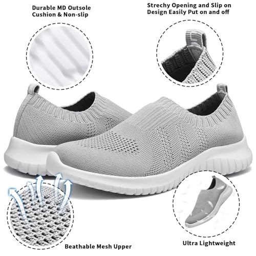 konhill Women's Walking Tennis Shoes - Lightweight Athletic Casual Gym Slip on Sneakers 6 US L.Gray
