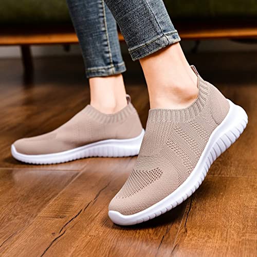 konhill Women's Walking Tennis Shoes - Lightweight Athletic Casual Gym Slip on Sneakers 6 US Apricot