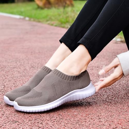konhill Women's Walking Tennis Shoes - Lightweight Athletic Casual Gym Slip on Sneakers 6 US Brown