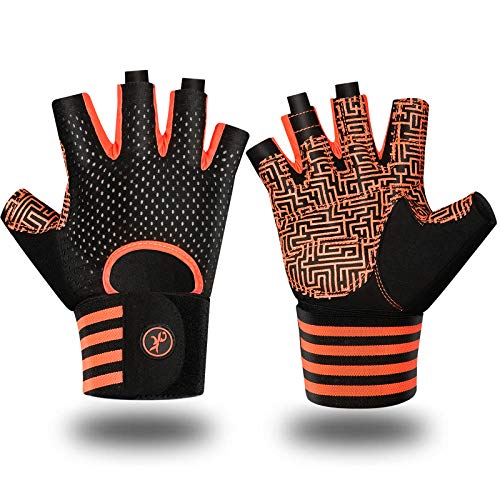 MOREOK Workout Gloves for Men Women, Weight Lifting Gloves Barehands Gloves Crossfit Gloves Ventilated Workout Gloves, Exercise Gloves with Wrist Wrap Support MK1001-Orange-L