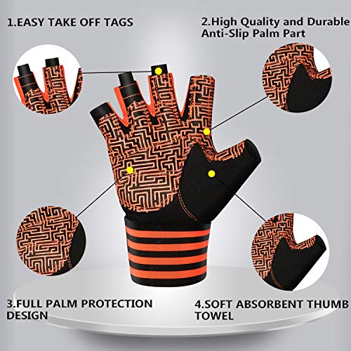 MOREOK Workout Gloves for Men Women, Weight Lifting Gloves Barehands Gloves Crossfit Gloves Ventilated Workout Gloves, Exercise Gloves with Wrist Wrap Support MK1001-Orange-L