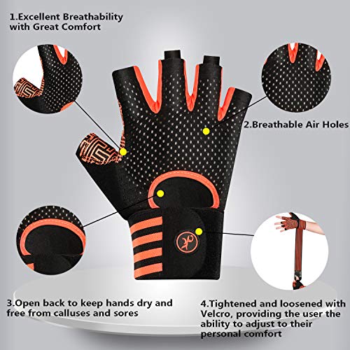 MOREOK Workout Gloves for Men Women, Weight Lifting Gloves Barehands Gloves Crossfit Gloves Ventilated Workout Gloves, Exercise Gloves with Wrist Wrap Support MK1001-Orange-L