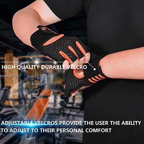 MOREOK Workout Gloves for Men Women, Weight Lifting Gloves Barehands Gloves Crossfit Gloves Ventilated Workout Gloves, Exercise Gloves with Wrist Wrap Support MK1001-Orange-XL