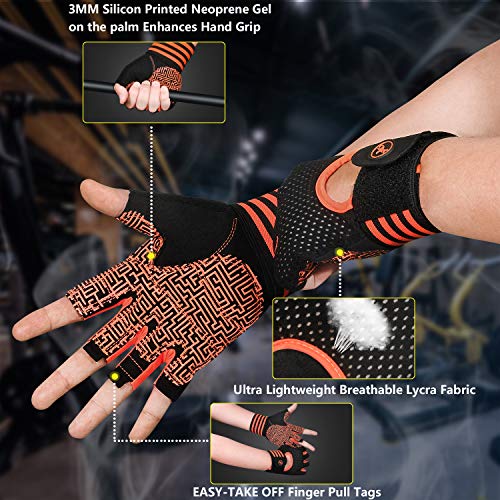 MOREOK Workout Gloves for Men Women, Weight Lifting Gloves Barehands Gloves Crossfit Gloves Ventilated Workout Gloves, Exercise Gloves with Wrist Wrap Support MK1001-Orange-XL