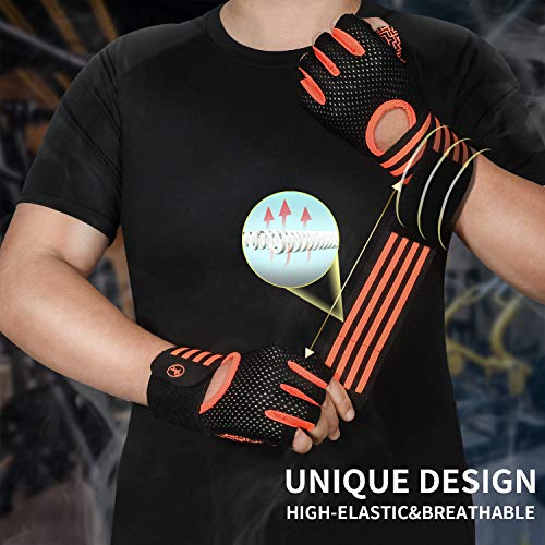 MOREOK Workout Gloves for Men Women, Weight Lifting Gloves Barehands Gloves Crossfit Gloves Ventilated Workout Gloves, Exercise Gloves with Wrist Wrap Support MK1001-Orange-XL