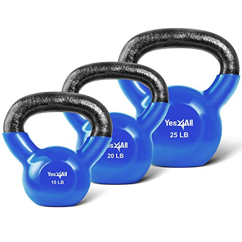 Yes4All Combo Vinyl Coated Kettlebell Weight Sets Great for Full Body Workout and Strength Training Blue, 15 20 25 lbs