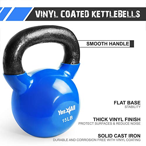 Yes4All Combo Vinyl Coated Kettlebell Weight Sets Great for Full Body Workout and Strength Training Blue, 15 20 25 lbs