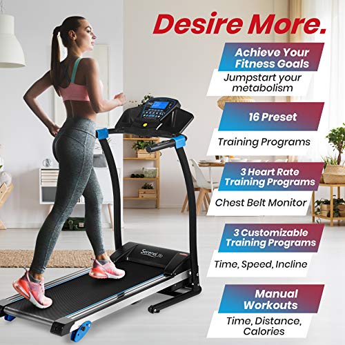 SereneLife Smart Digital Folding Treadmill - Electric Foldable Exercise Fitness Machine, Large Running Surface, 3 Incline Settings, 16 Preset Program, Downloadable Sports App for Running & Walking