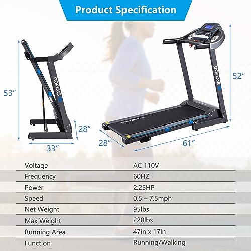 Goplus 2.25HP Electric Folding Treadmill with Incline, Walking Running Jogging Fitness Machine with Blue Backlit LCD Display for Home & Gym Cardio Fitness (Black Jaguar ?)
