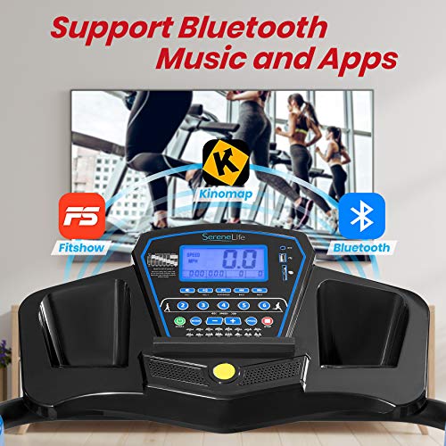 SereneLife Smart Digital Folding Treadmill - Electric Foldable Exercise Fitness Machine, Large Running Surface, 3 Incline Settings, 16 Preset Program, Downloadable Sports App for Running & Walking