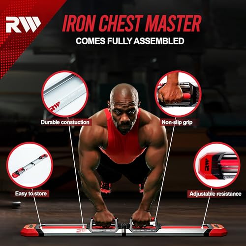 Iron Chest Master Push Up Machine - The Perfect Chest Workout. Fully Assembled with Built-in Resistance Bands. Includes Workout Programs