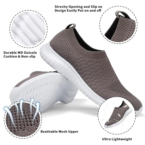 konhill Women's Walking Tennis Shoes - Lightweight Athletic Casual Gym Slip on Sneakers 12 US Brown
