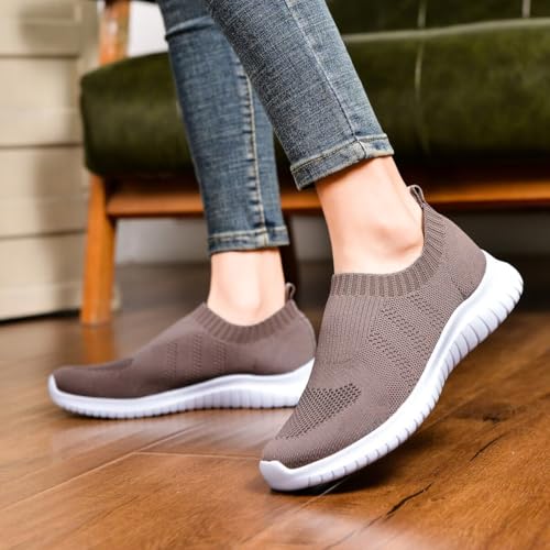 konhill Women's Walking Tennis Shoes - Lightweight Athletic Casual Gym Slip on Sneakers 12 US Brown