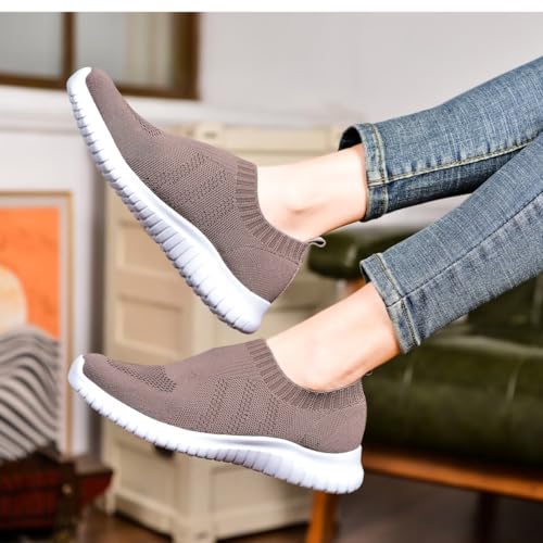 konhill Women's Walking Tennis Shoes - Lightweight Athletic Casual Gym Slip on Sneakers 12 US Brown