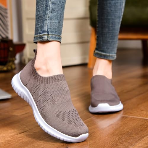 konhill Women's Walking Tennis Shoes - Lightweight Athletic Casual Gym Slip on Sneakers 6.5 US Brown