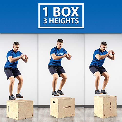 Synergee 3 in 1 Wood Plyometric Box for Jump Training and Conditioning. Wooden Plyo Box All in One Jump Trainer. Size - 20/18/16