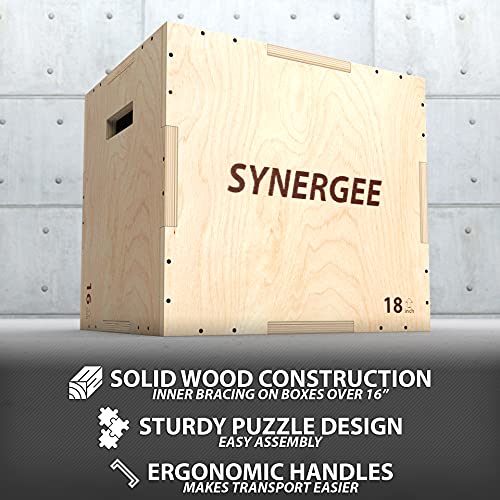 Synergee 3 in 1 Wood Plyometric Box for Jump Training and Conditioning. Wooden Plyo Box All in One Jump Trainer. Size - 20/18/16