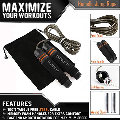 Homello Weighted Jump Rope (1LB) with Memory Foam Handles and Steel Cable - for Fitness, Crossfit, Boxing and MMA