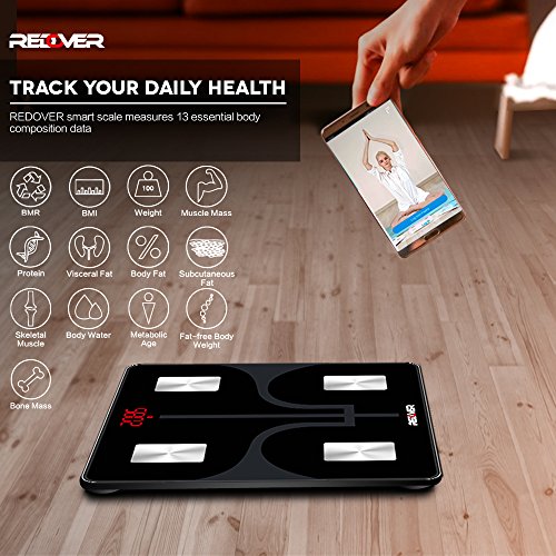 REDOVER-Bluetooth Body Fat Scale with Free IOS and Android App, Smart Wireless Digital Bathroom Scale, Body Composition Analyzer for Body Weight, Body Fat, Water, Muscle Mass, BMI, BMR and more, 400lb