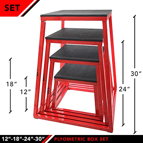 JFIT Plyometric Jump Box Set of 4 - 12", 18", 24", 30", Red/Black