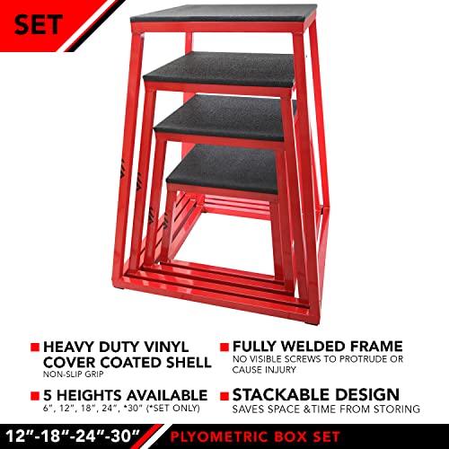 JFIT Plyometric Jump Box Set of 4 - 12", 18", 24", 30", Red/Black