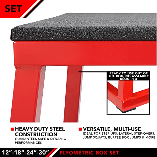JFIT Plyometric Jump Box Set of 4 - 12", 18", 24", 30", Red/Black